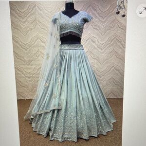 Embellished Lehenga in Soft Blue/Gray